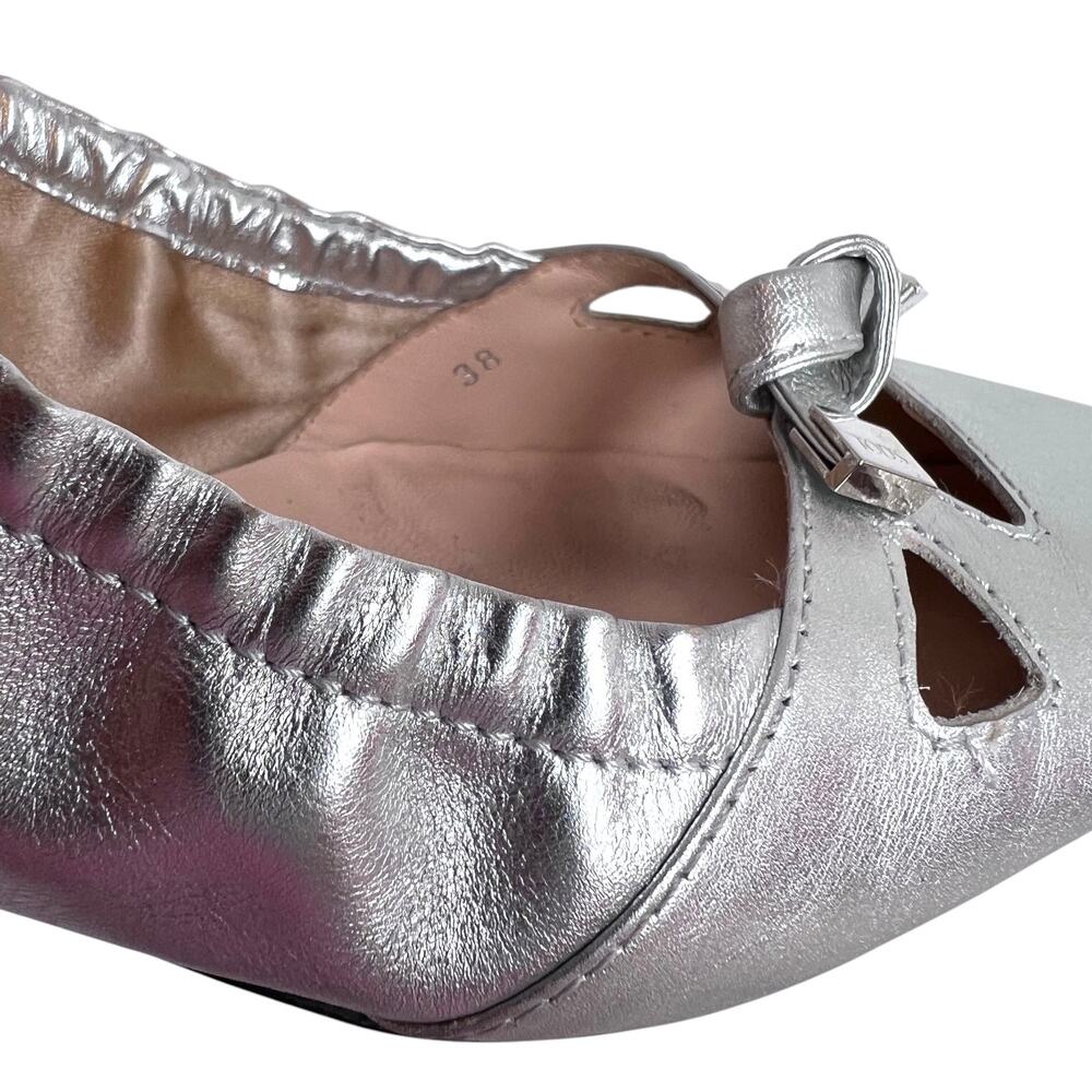 Tod's Metallic Silver Leather Ballet Gommino Flats Bows & Cut-out Women's Size 8 - Picture 8 of 16